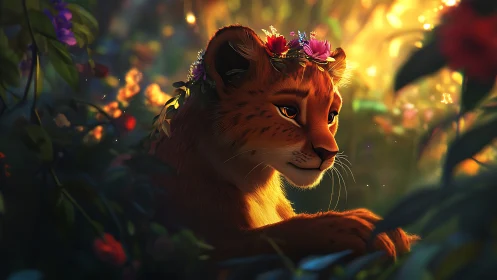 Gentle lion cub with flower crown in glowing forest dream.