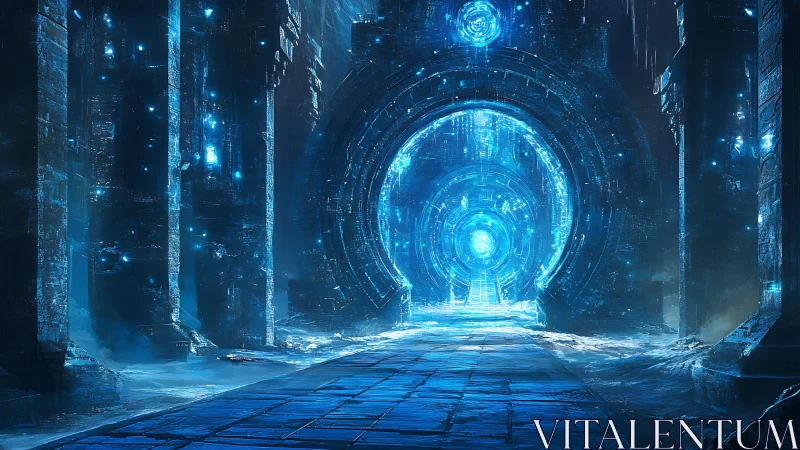 Luminescent ice portal within ancient cyber temple.