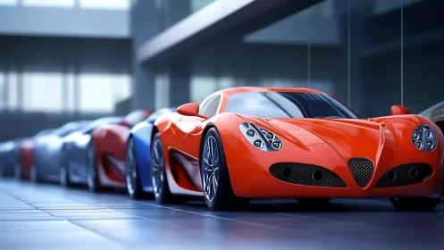 Orange aerodynamic supercar in glass-walled showroom lineup