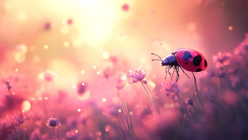 Ladybug rests on glowing wildflowers at golden sunset.