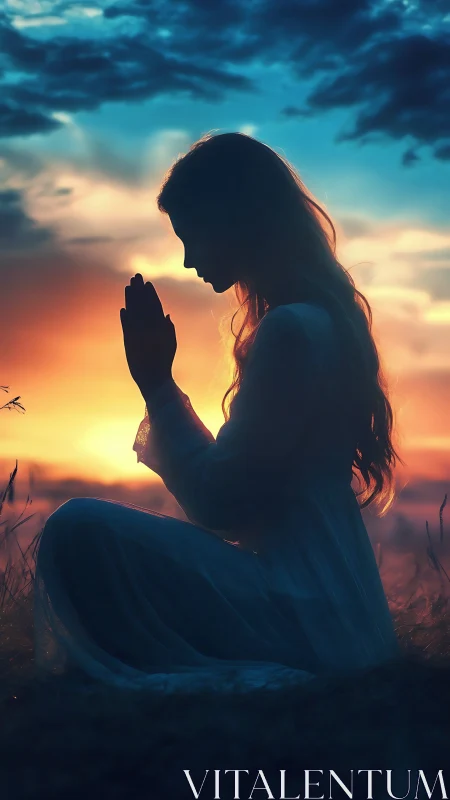Silhouetted kneeling figure holds clasped hands at sunset