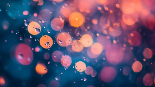 Colorful bokeh lights and water droplets on dark surface.