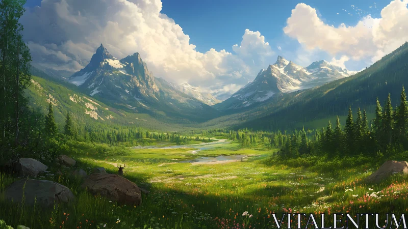 Sunlit alpine meadow quietly applauds the towering peaks