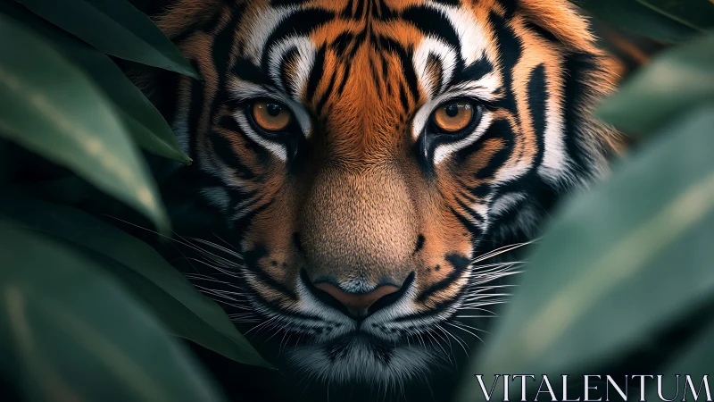 Photorealistic tiger portrait framed by dense jungle foliage.