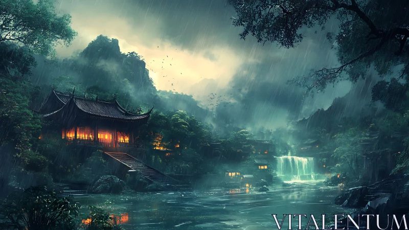 Nocturnal monsoon over illuminated riverside pagoda retreat.