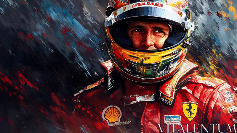 Racing driver portrait glows in bold abstract brushstrokes.
