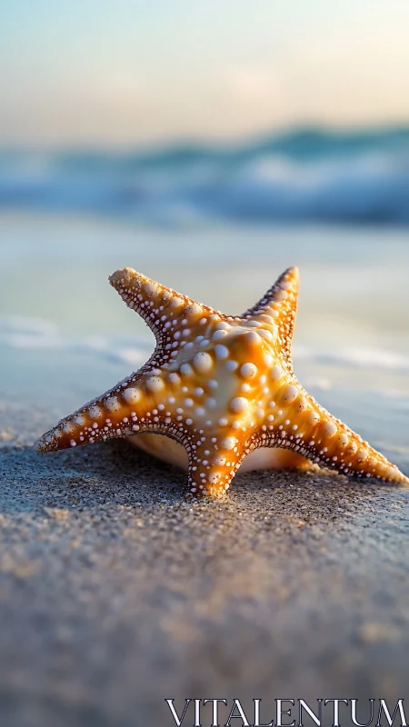 Sunny starfish resting gently on a quiet ocean shoreline.
