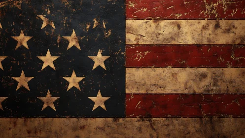 Weathered American flag glows with antique grit and pride.