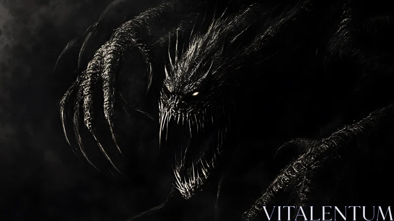 Shadow creature with claws and fanged jaw in darkness.