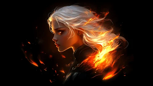 White haired woman in profile with flowing fire hair flame.