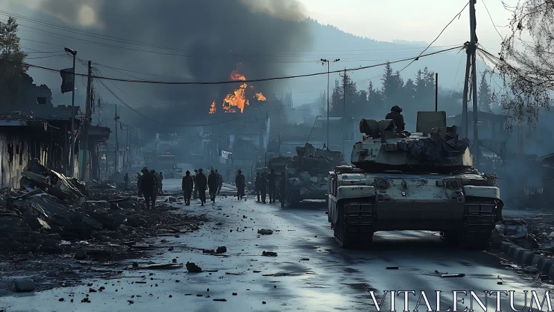 Urban street under military occupation and heavy destruction.