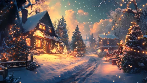 Snowy village lane with glowing Christmas cottages at dusk.