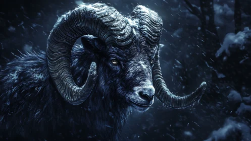 Ram stands in dark snowy forest rendered in blue light