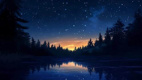 Night sky over forest lake is rendered with star reflections