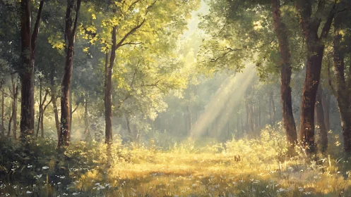 Morning sun tiptoes through a quiet, honey-gold forest glade