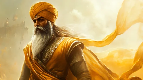 Regal Sikh warrior in golden turban amid radiant battlefield
