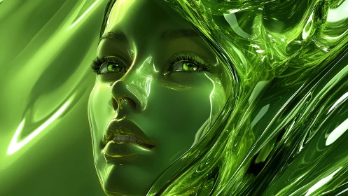 Female face rendered in translucent reflective green liquid