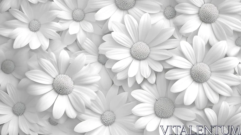 White daisy flowers bloom in soft monochrome botanical arrangement