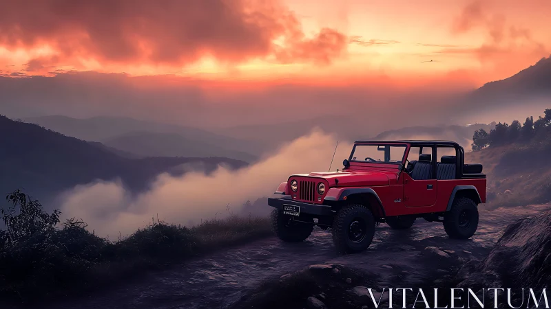 Red offroad jeep climbs misty mountain trail at sunset.