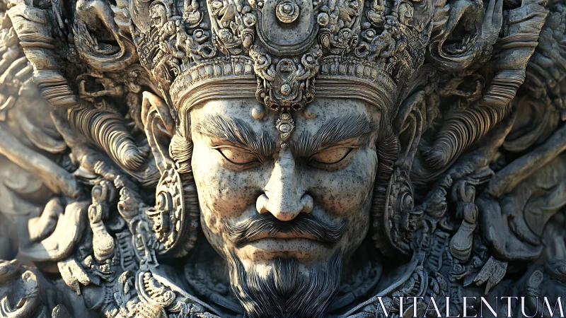 Ornate stone guardian bust with intricate mythic relief carvings