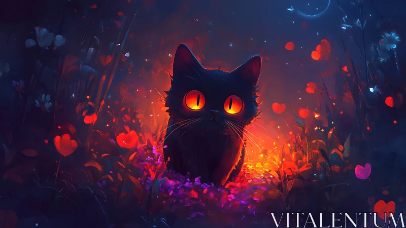 Glowing-Eyed Phantom Cat Amid Heart-Shaped Fire Blossoms