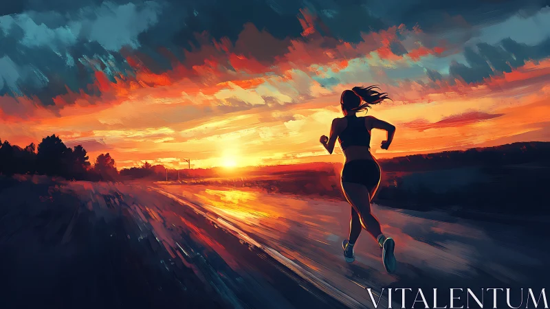 Sunset runner on glowing road in vivid brushstroke sky.