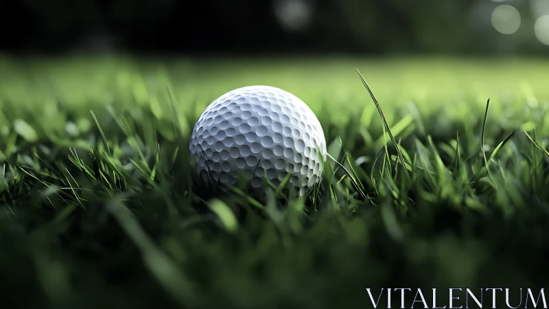 Quiet golf ball resting in sunlit grass before the swing.