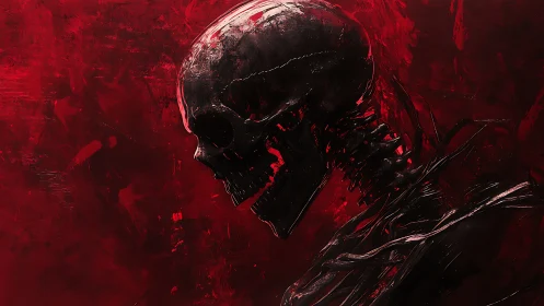 Skeletal alien profile emerges from crimson abstract void