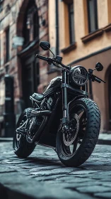 Low-angle urban study of custom café racer motorcycle engineering.