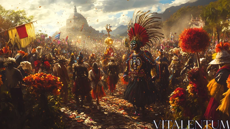 High-fidelity festival procession with skeletal masked leader