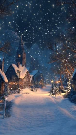 Snow covered village street under dense winter night sky.