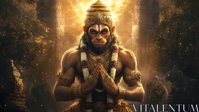 Radiant monkey warrior bows in golden temple light