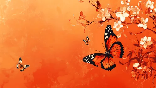Orange background with butterflies and flowering branches.