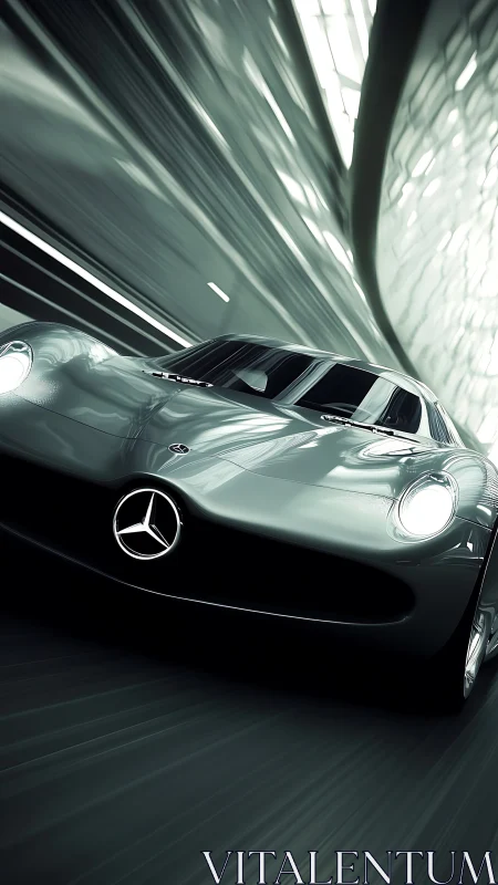 Mercedes sports car rendered in motion within tunnel
