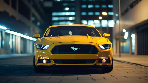 Yellow sports coupe front view on night city street, bokeh lights.