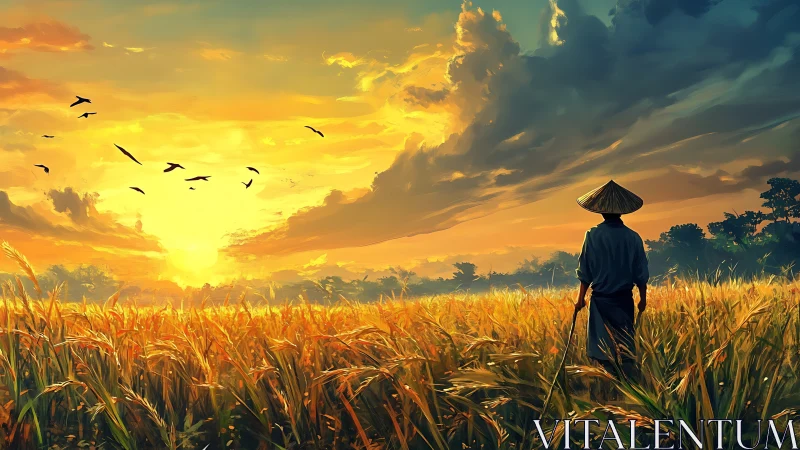 Farmer stands in golden rice field under vivid sunset sky