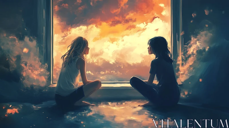 Two seated figures framed by luminous sunset window scene.