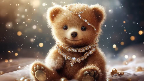 Digital bear character sits wearing detailed jeweled necklaces