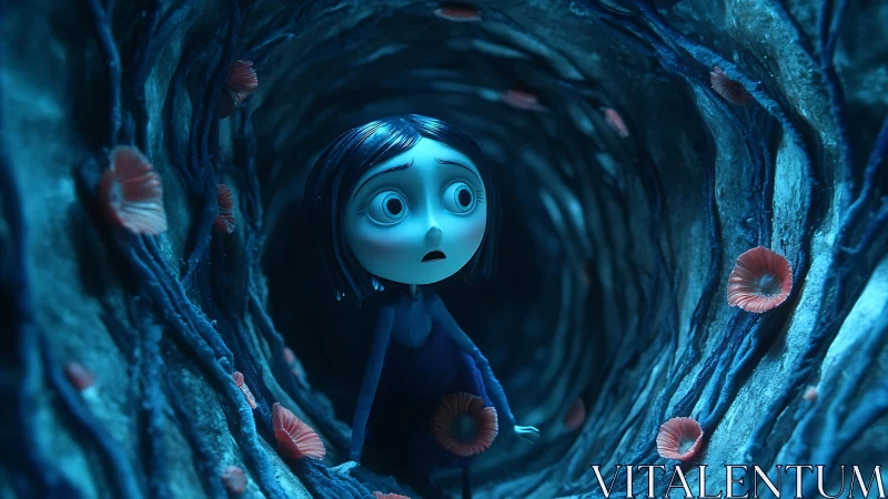 Stop motion girl in blue tunnel with organic textures.