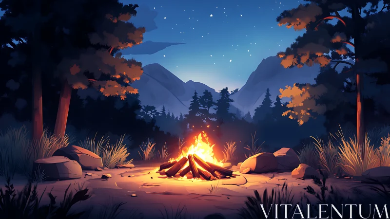 Campfire Under Starlit Mountains at Dusk.