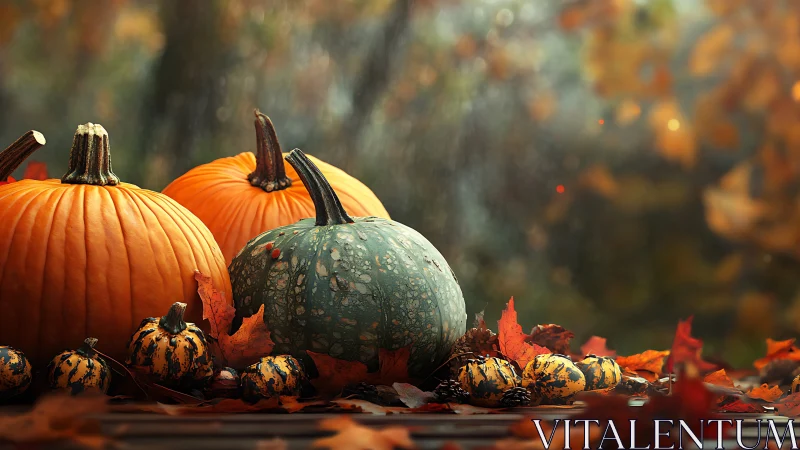 Autumn pumpkins rest among glowing leaves in soft golden light