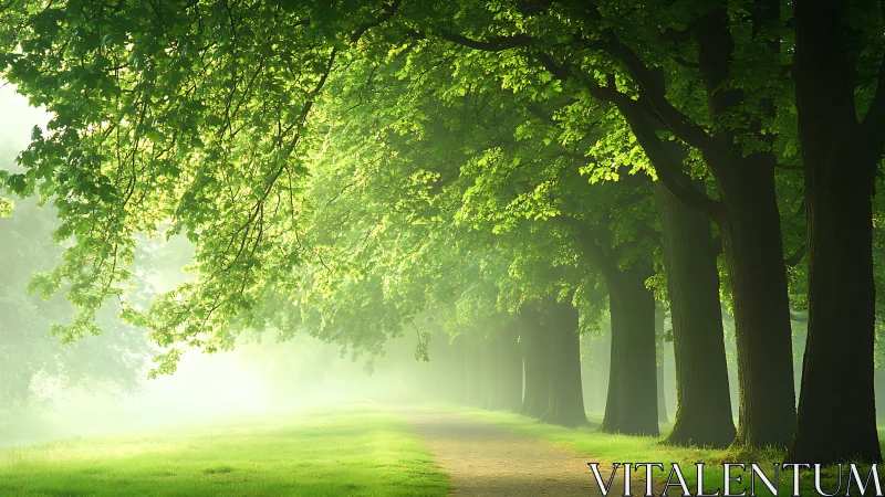Sunlit forest path under vivid green canopy in mist