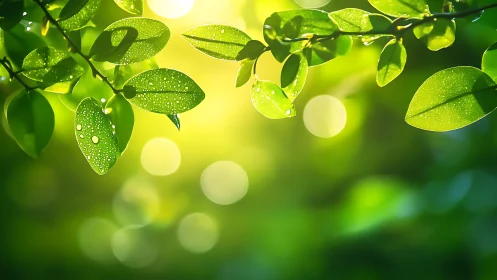 Morning dew on fresh green leaves glows in soft forest light