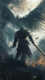 Stormforged knight faces thunder-winged guardian in flame-lit dusk.