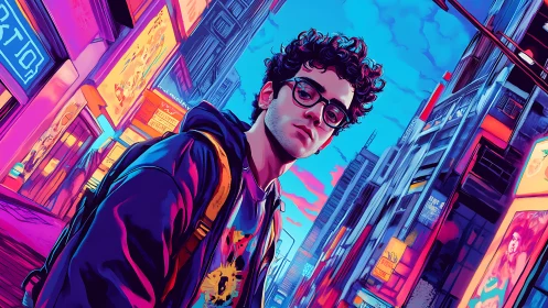 Neon city wanderer in electric dusk, framed by bold lights.