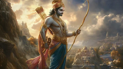 Heroic archer deity strides above mythic temple landscape