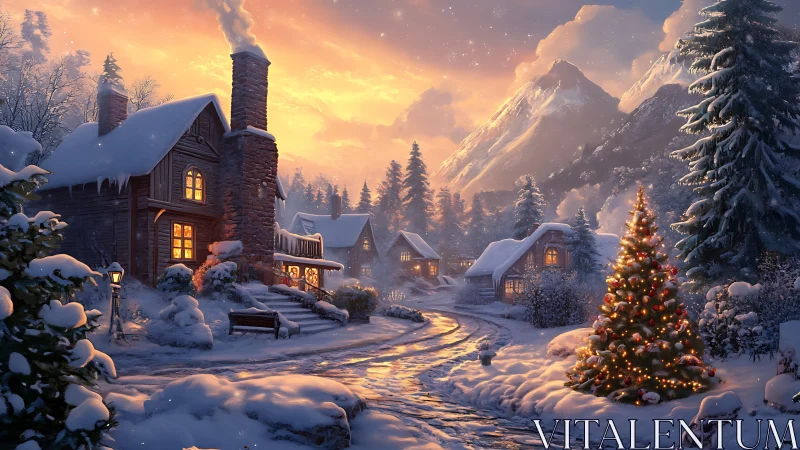 Snowy mountain village glows under warm winter sunset sky