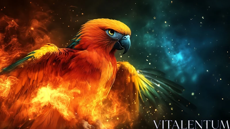 Fiery Parrot in Cosmic Fantasy Art with Vivid Flames and Colors.