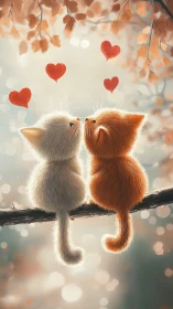 Two Kittens in Love on Autumn Branch.