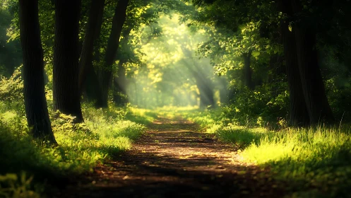 Sunlit Forest Path with Lush Greenery in Dreamy Morning Light.